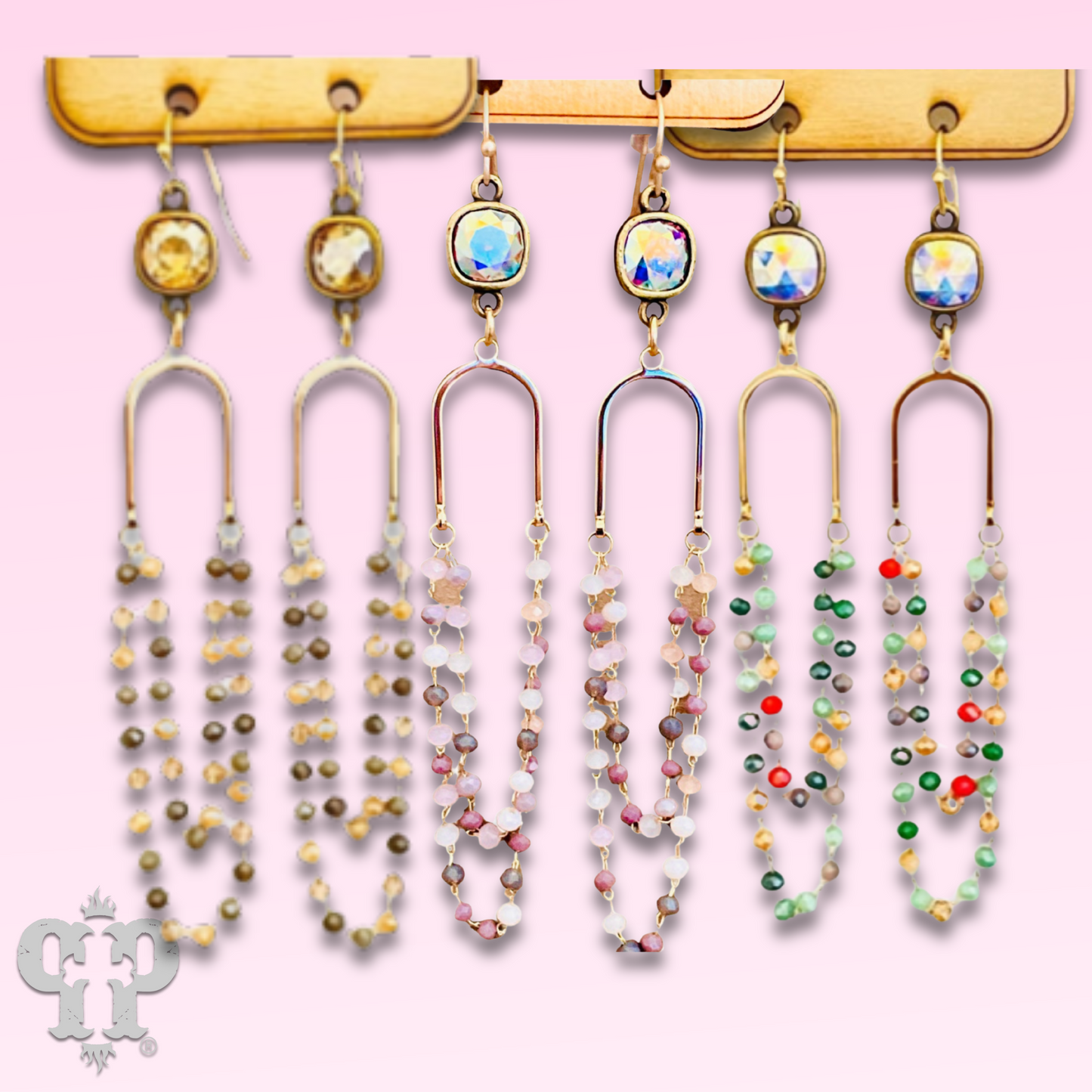 Linked bead mix and gold arch earring with Austrian crystal