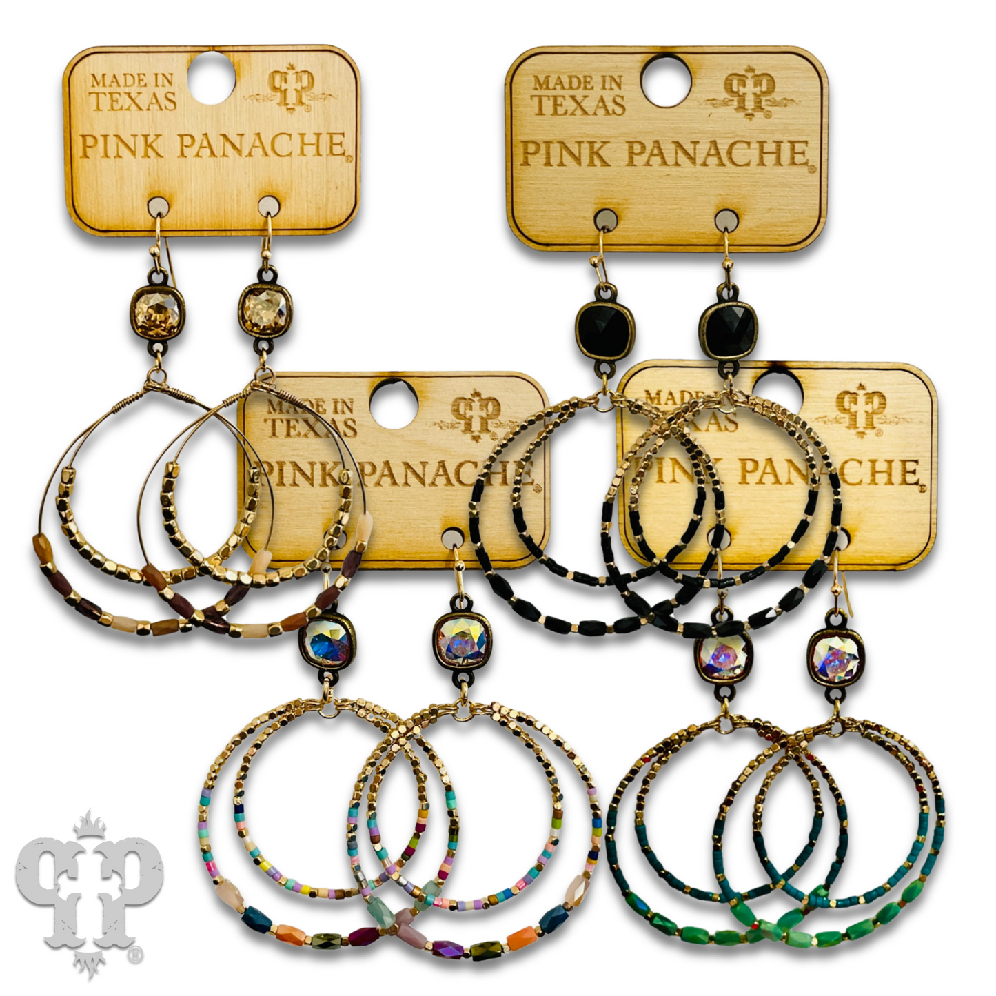 Gold and color-hued bead double circle earring with Austrian crystal