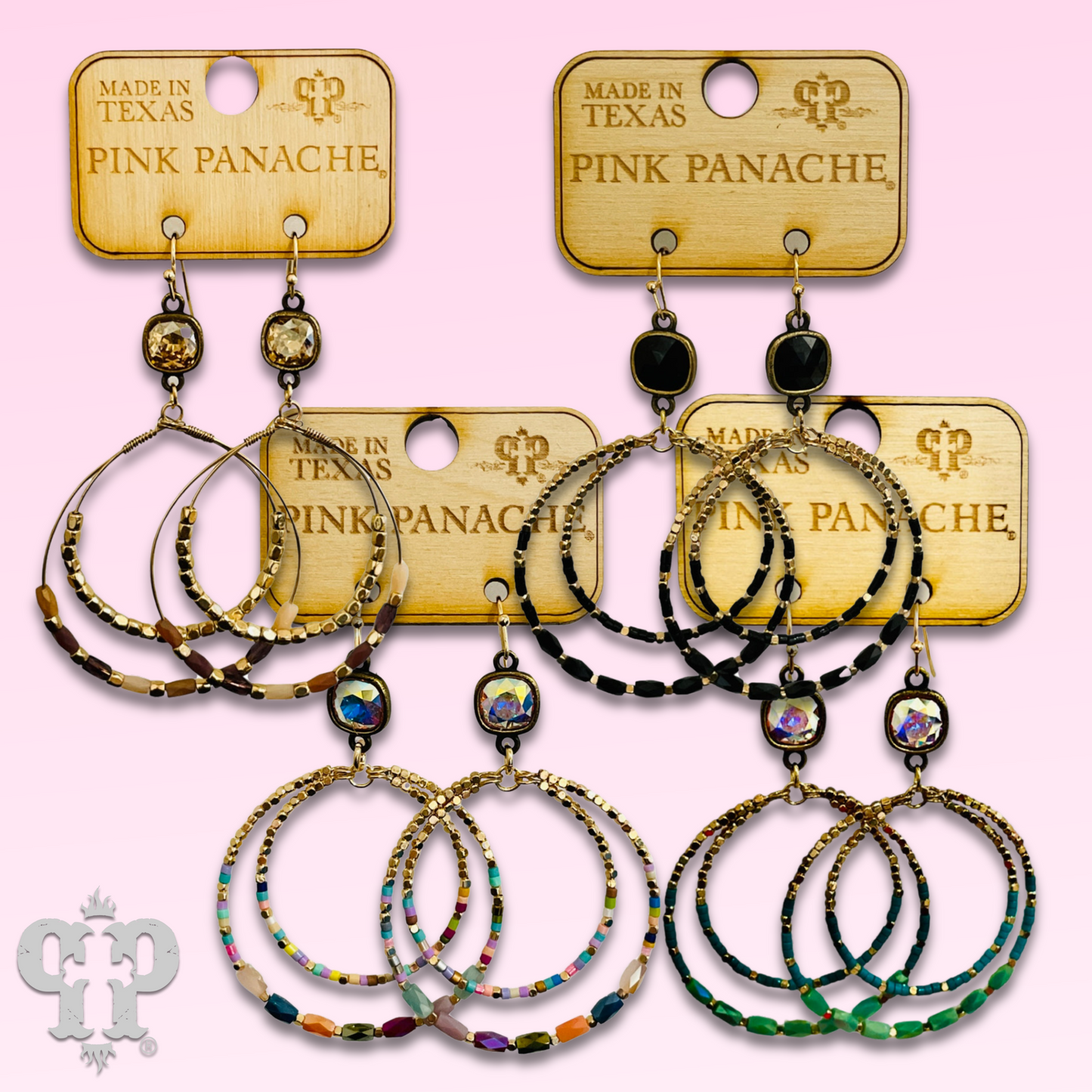 Gold and color-hued bead double circle earring with Austrian crystal