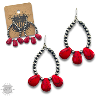 Burnished bead and stone teardrop earring