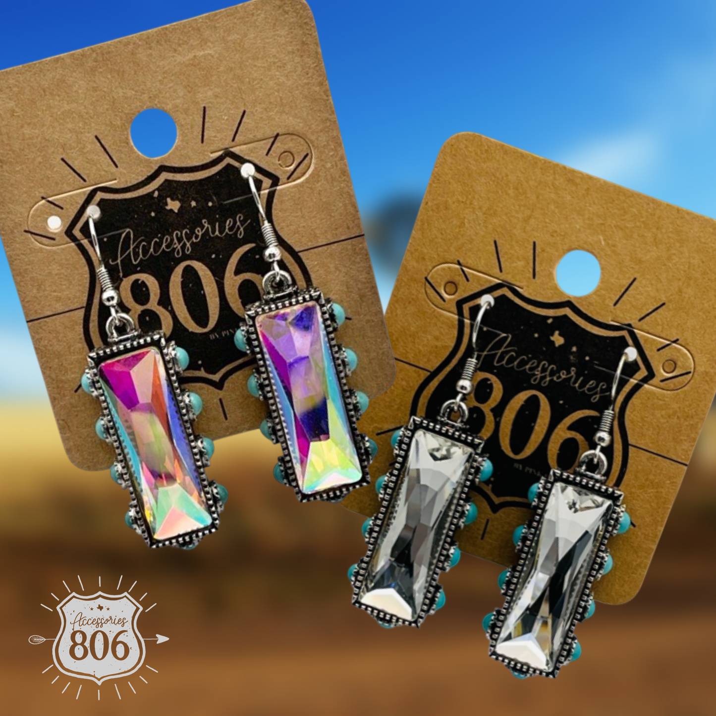 Rhinestone rectangle, bead studded earring