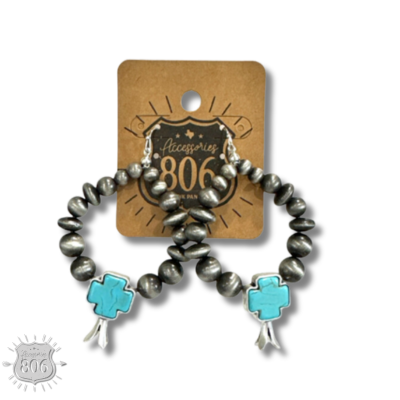 Burnished silver and stone cross earring