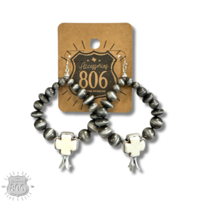 Burnished silver and stone cross earring
