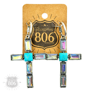 Turquoise and rhinestone cross earring