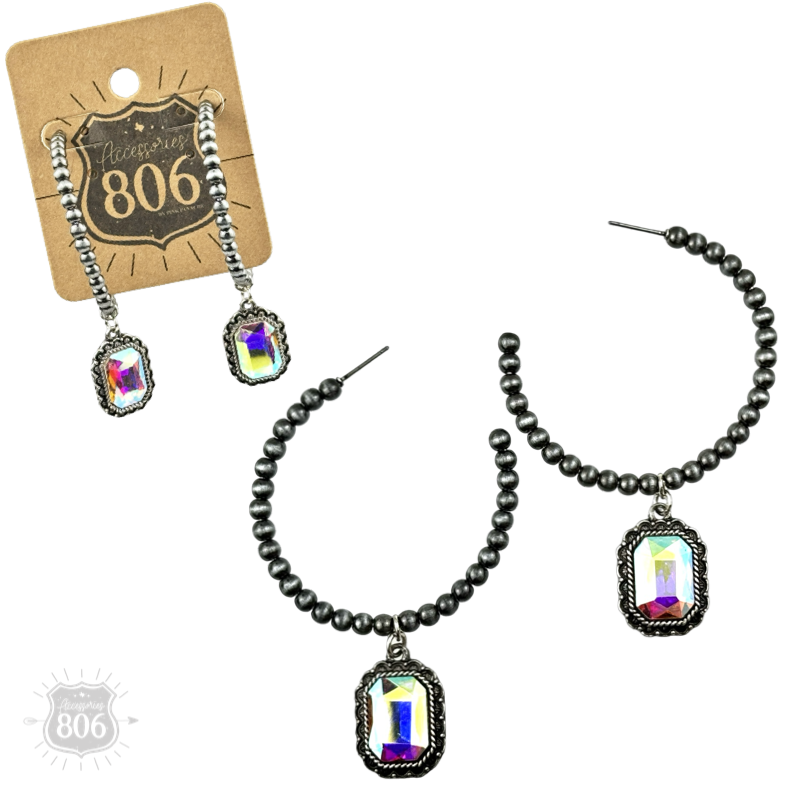 Navajo style bead hoop earring, octagon rhinestone charm
