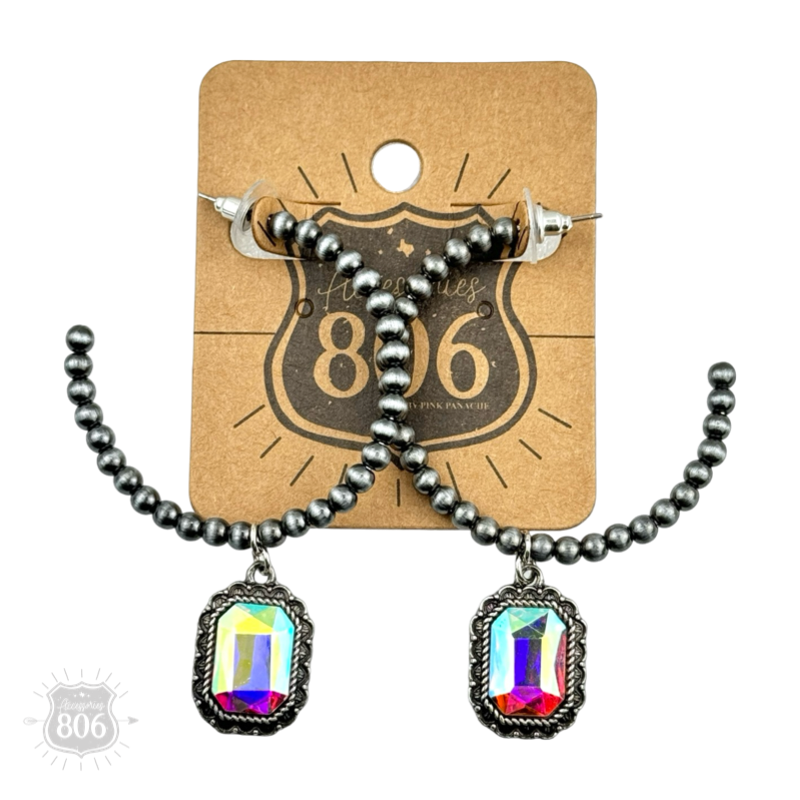 Navajo style bead hoop earring, octagon rhinestone charm