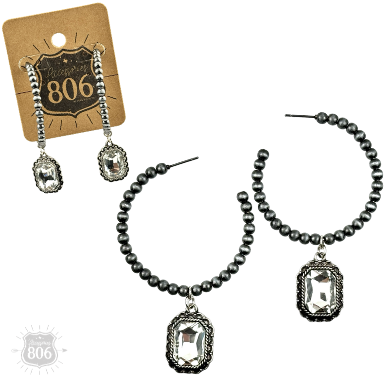 Navajo style bead hoop earring, octagon rhinestone charm