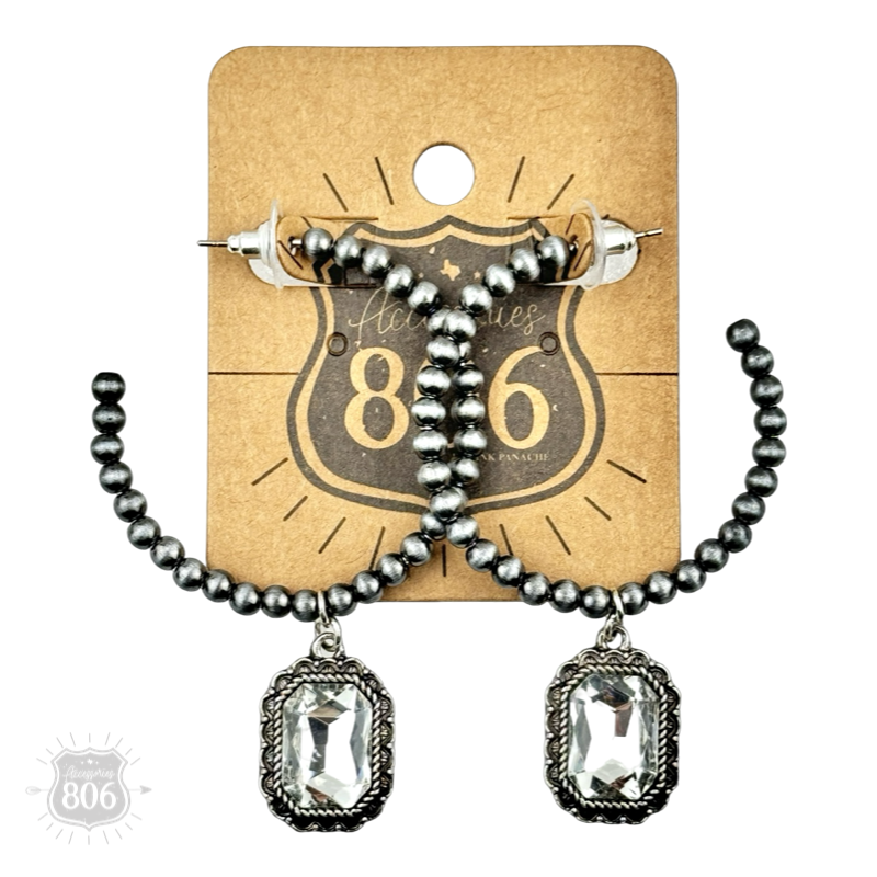 Navajo style bead hoop earring, octagon rhinestone charm