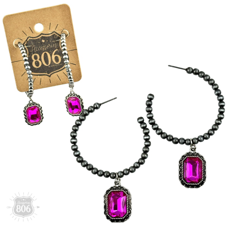 Navajo style bead hoop earring, octagon rhinestone charm