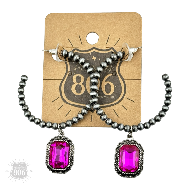 Navajo style bead hoop earring, octagon rhinestone charm