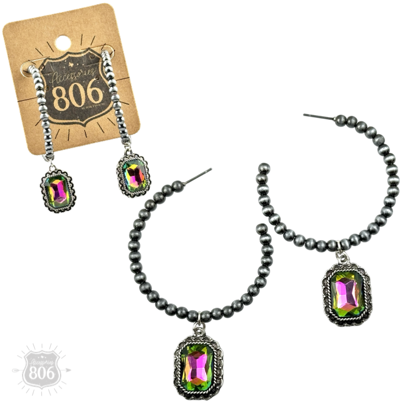 Navajo style bead hoop earring, octagon rhinestone charm