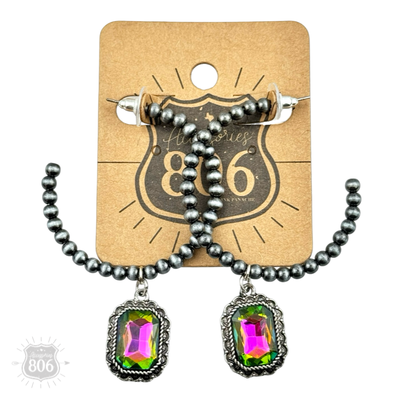 Navajo style bead hoop earring, octagon rhinestone charm