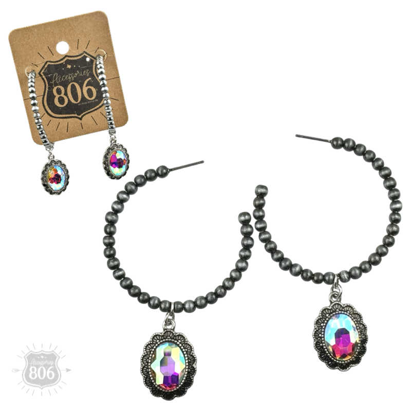 Navajo style bead hoop earring, oval rhinestone charm