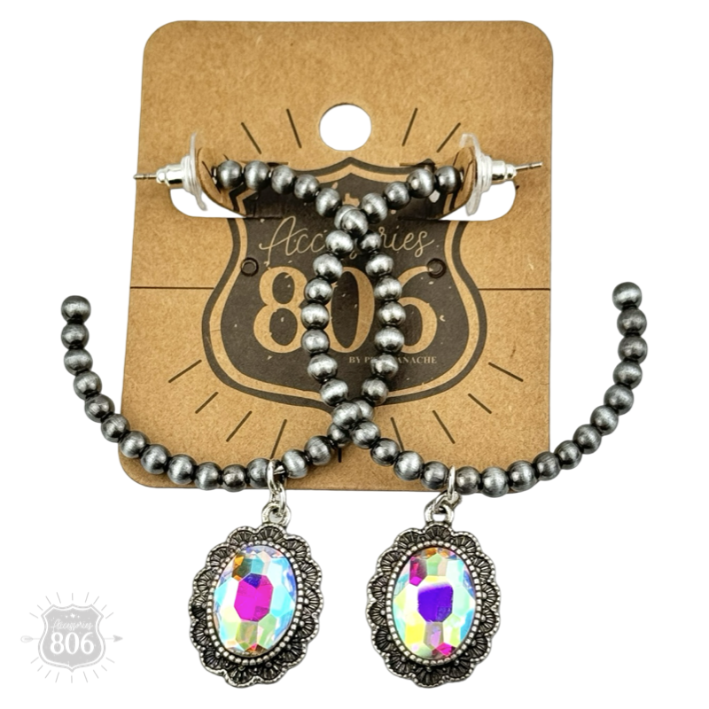 Navajo style bead hoop earring, oval rhinestone charm