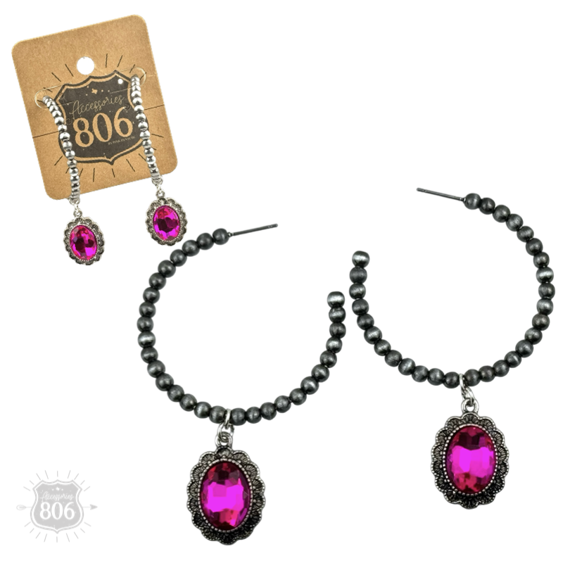 Navajo style bead hoop earring, oval rhinestone charm