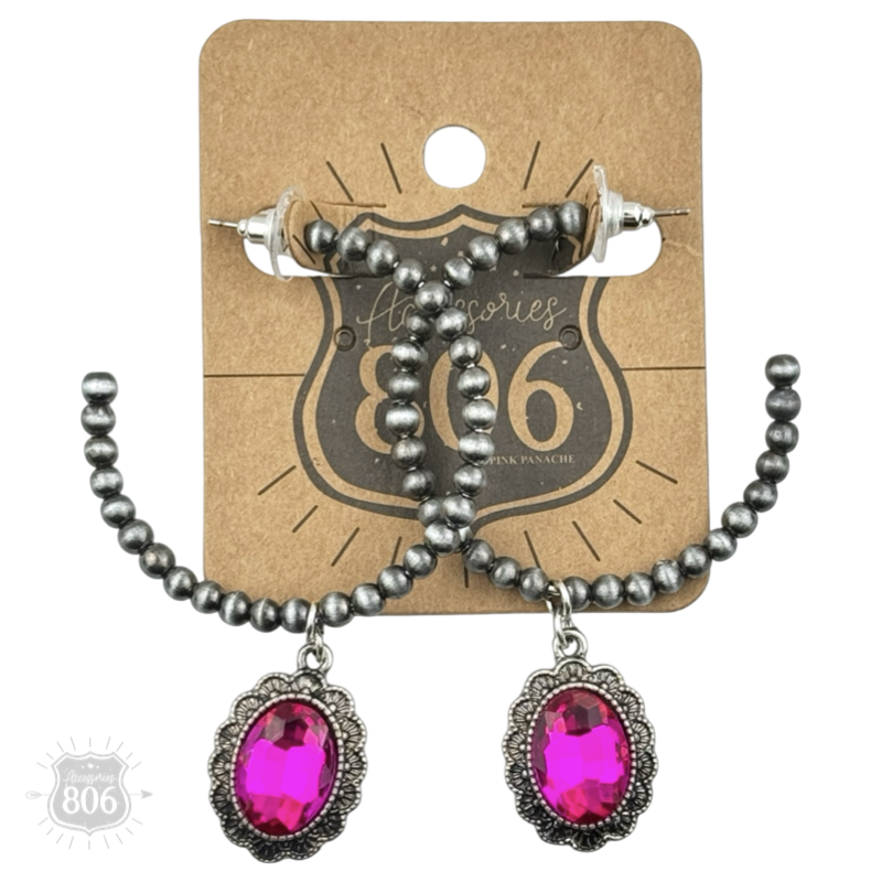 Navajo style bead hoop earring, oval rhinestone charm