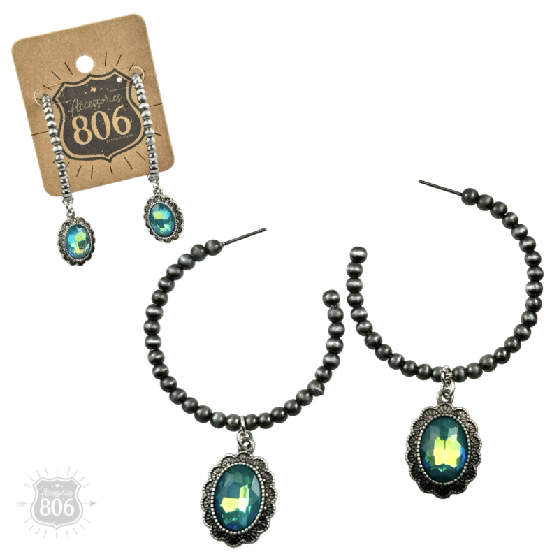 Navajo style bead hoop earring, oval rhinestone charm