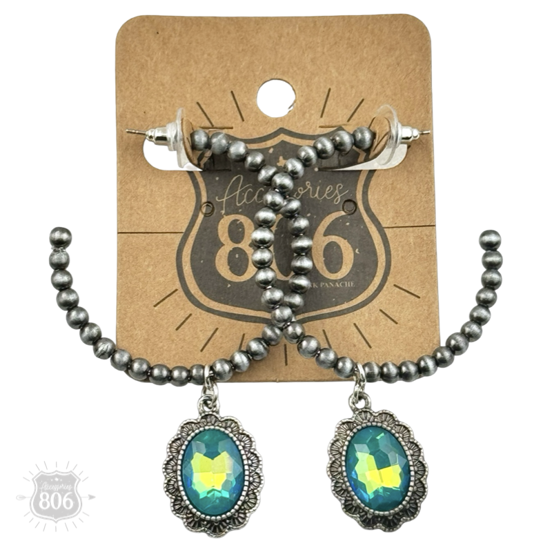 Navajo style bead hoop earring, oval rhinestone charm