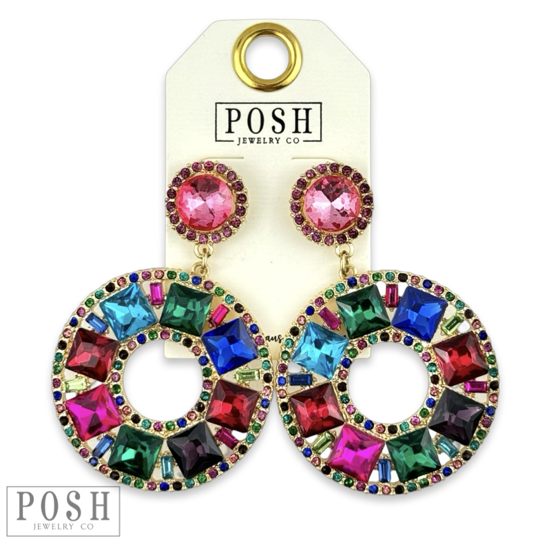 Rhinestone circle dangle earring on rhinestone post