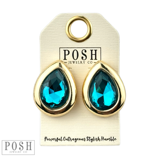 Metal tone rimmed rhinestone teardrop earring