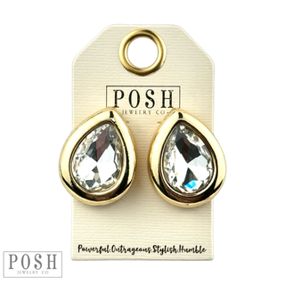 Metal tone rimmed rhinestone teardrop earring