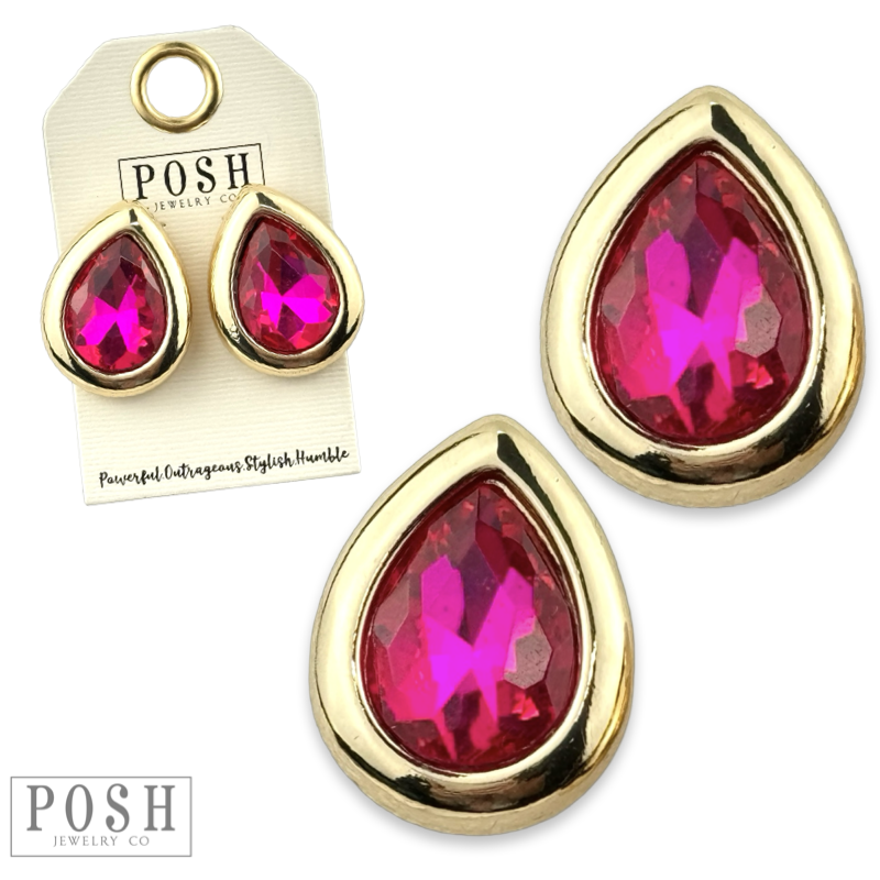 Metal tone rimmed rhinestone teardrop earring