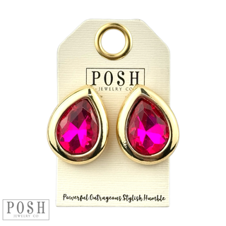 Metal tone rimmed rhinestone teardrop earring