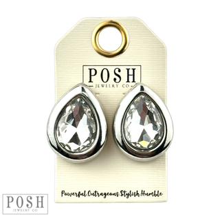 Metal tone rimmed rhinestone teardrop earring