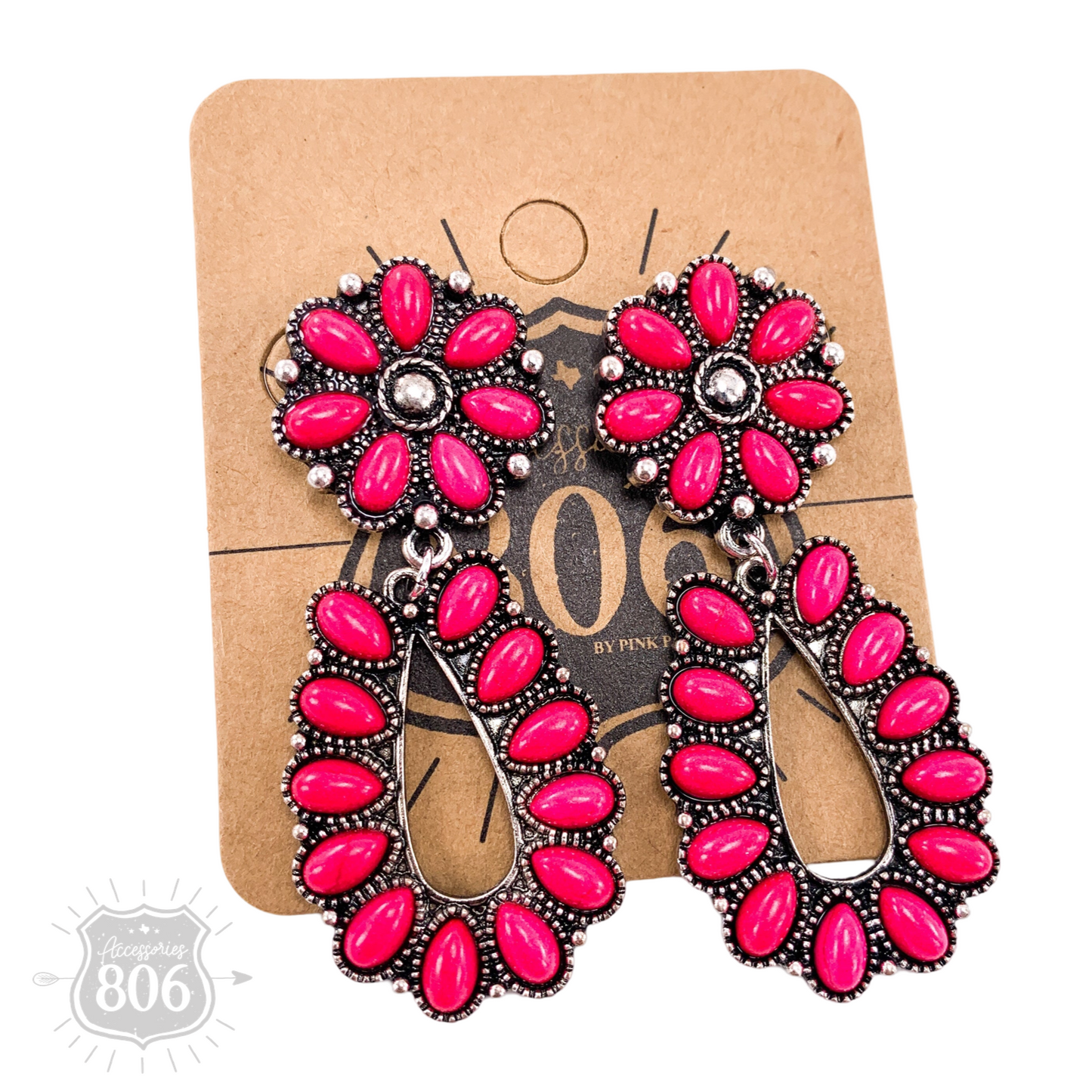 Western fuchsia teardrop and flower concho dangle earring
