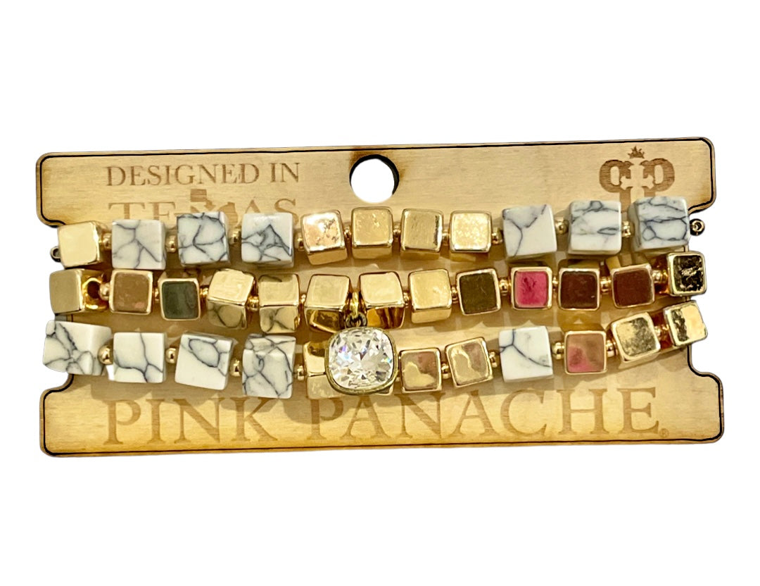 Square stone and gold bead bracelet set with Austrian crystal
