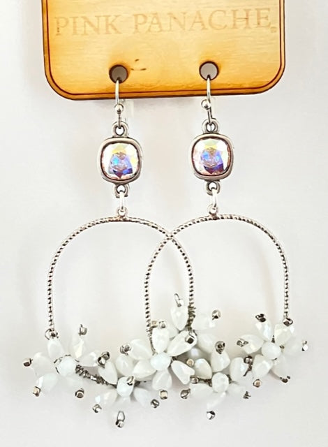 White flower bead silver oval earring, Austrian crystal, last call