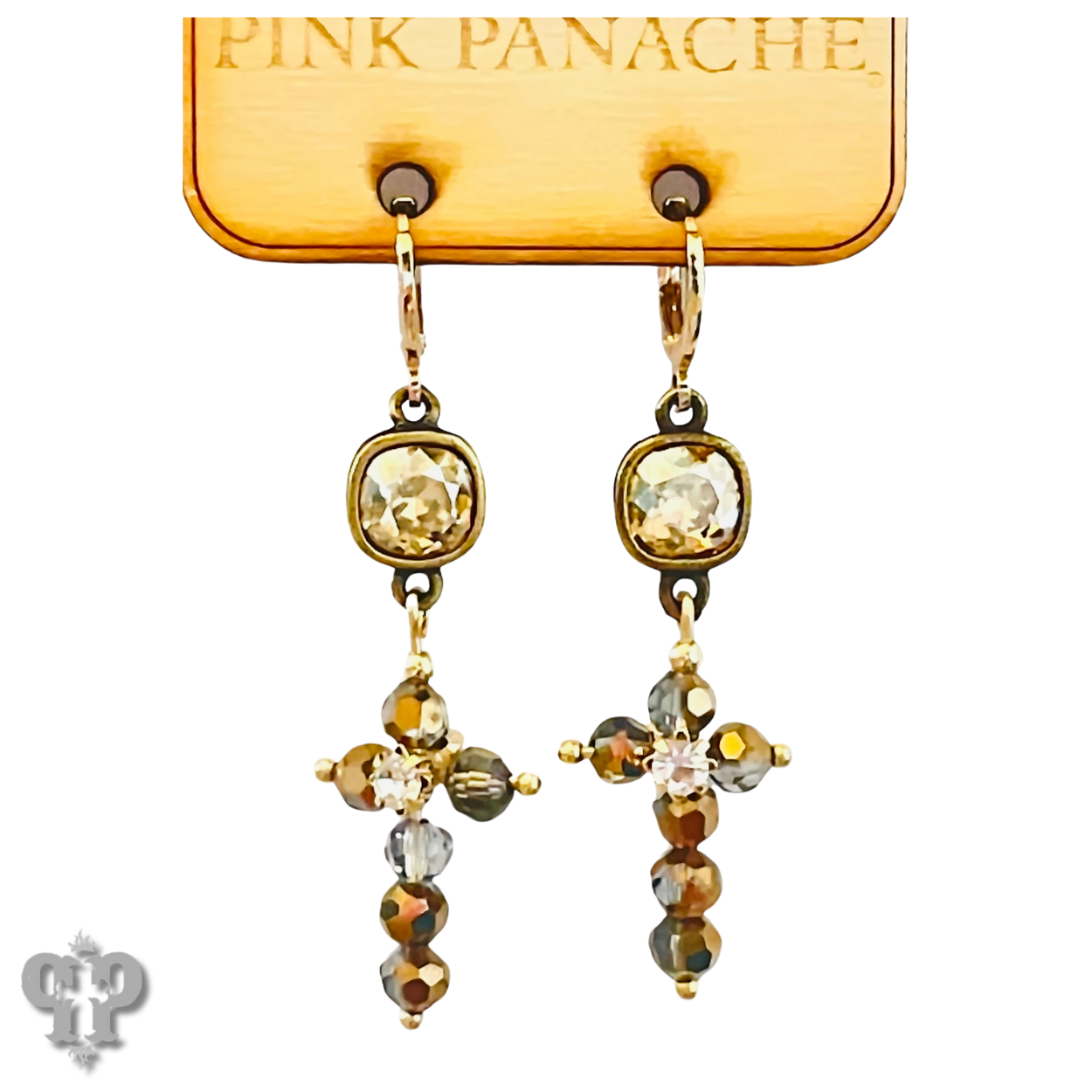 Champagne bead cross charm earring, last call