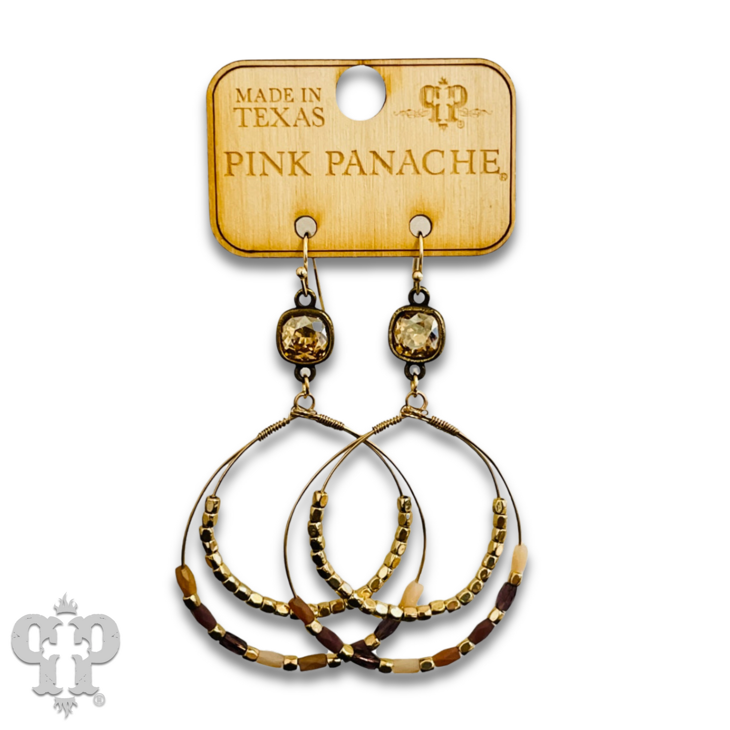 Gold and color-hued bead double circle earring with Austrian crystal