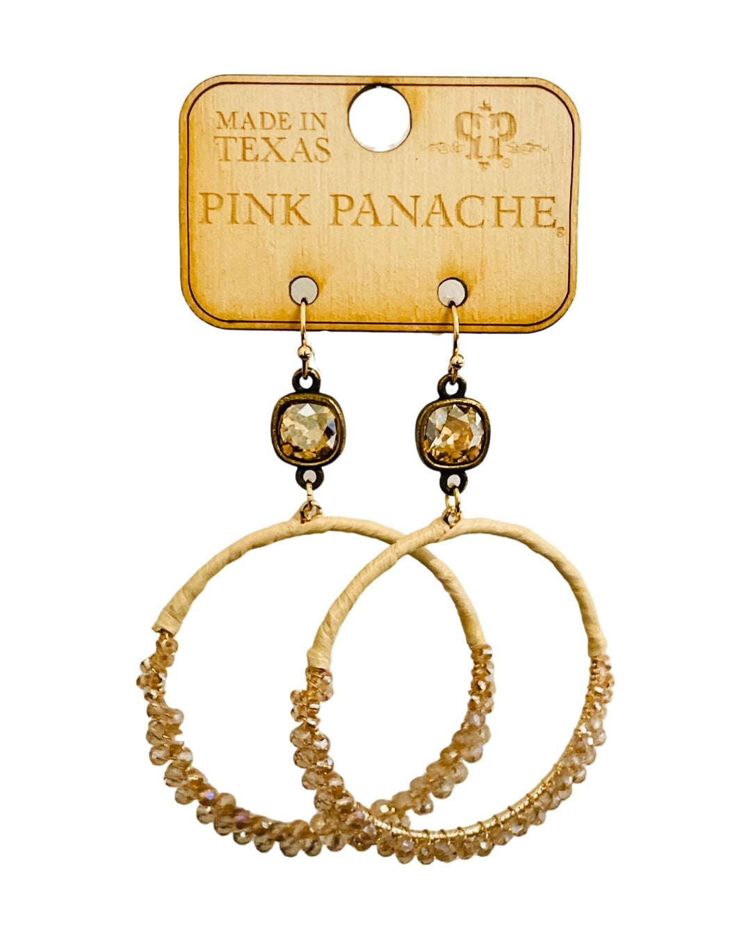 Bead and raffia wrapped circle earring with Austrian crystal