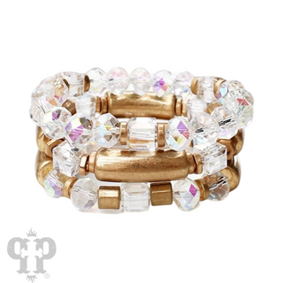 Gold tube and crystal beaded bracelet stack