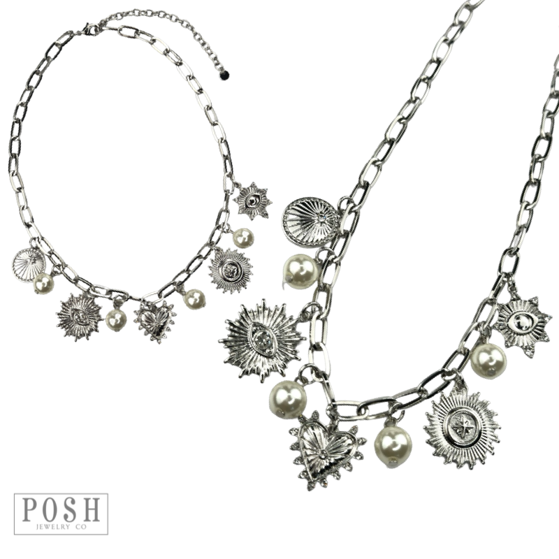 Protection charms and pearl drop necklace