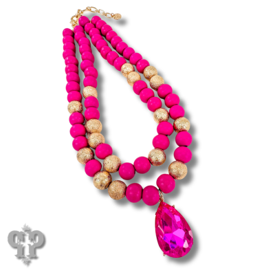 Wood and gold tone bead necklace with rhinestone teardrop charm
