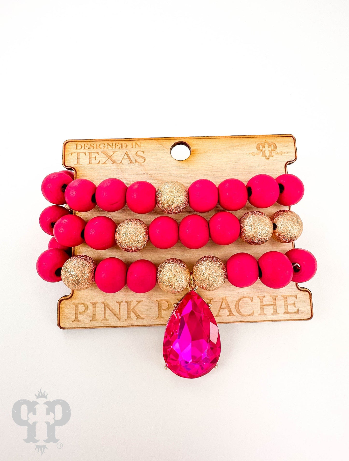 Large wood and foil texture bead bracelet stack with rhinestone charm