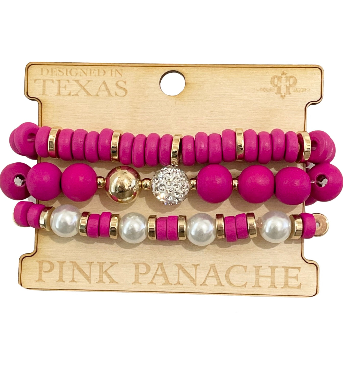 Round and disc shape wood bead bracelet stack
