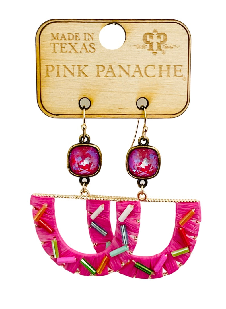 Multi-color bead and raffia fan earring, Austrian crystal, last call