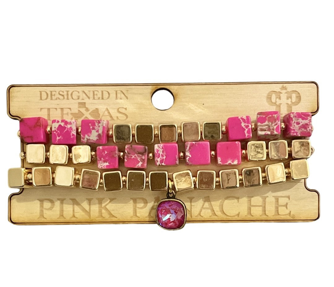 Square stone and gold bead bracelet set with Austrian crystal