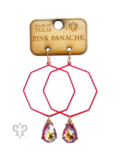 Neon octagon earring with rhinestone teardrop charm