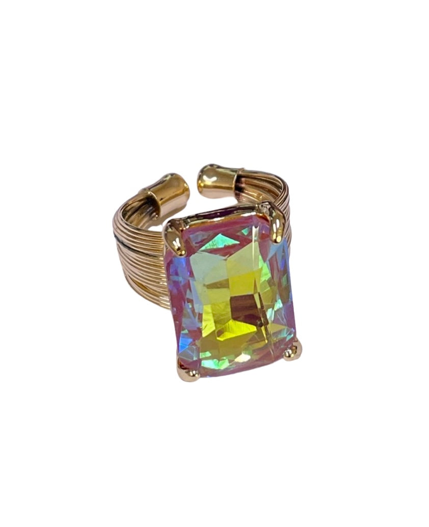 Faceted rectangle rhinestone adjustable ring