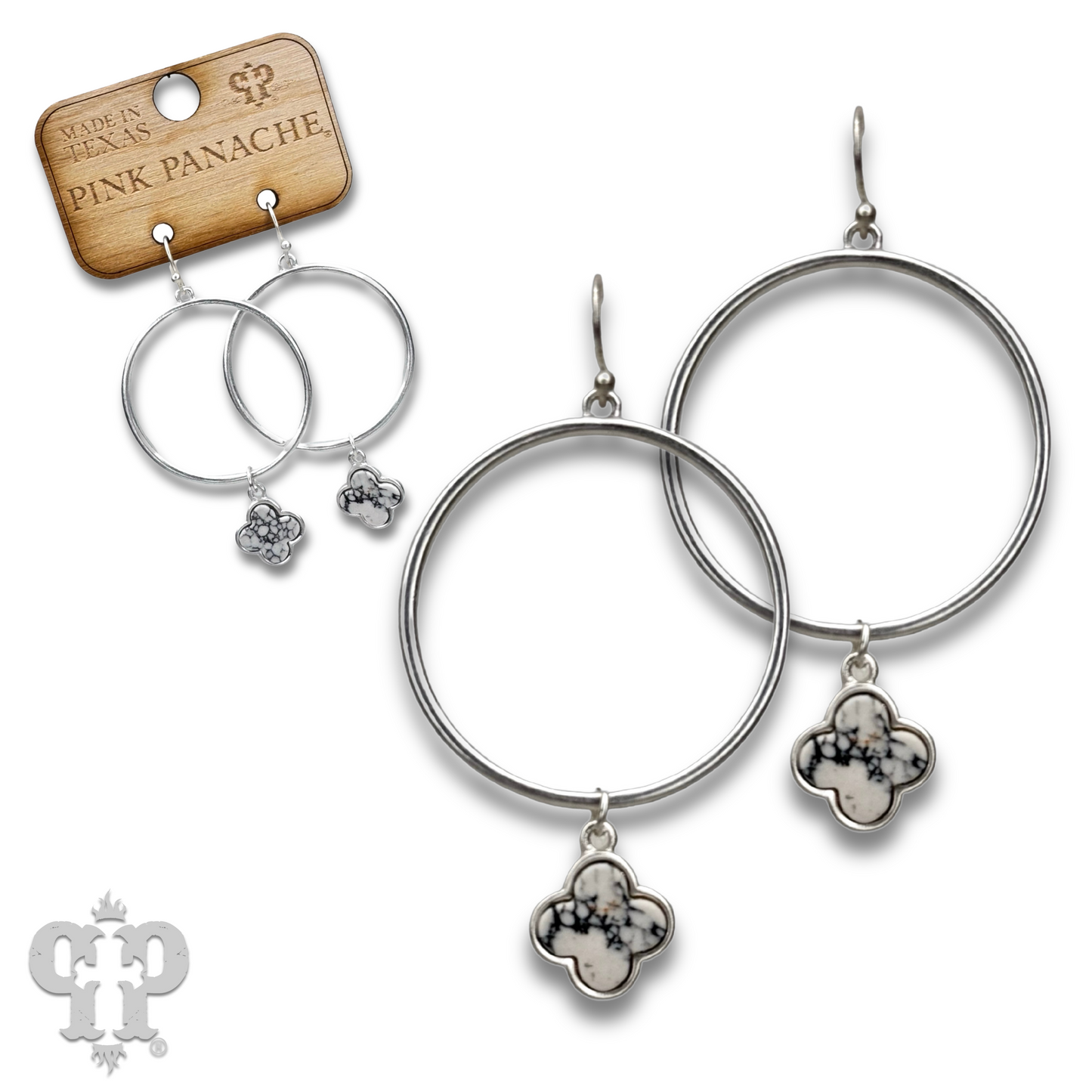 Clover charm earring on matte finish circle earring, last call