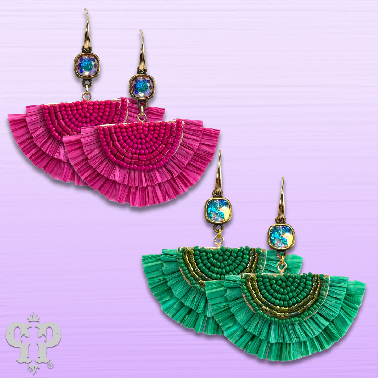 Raffia fan earring with Austrian crystal, last call