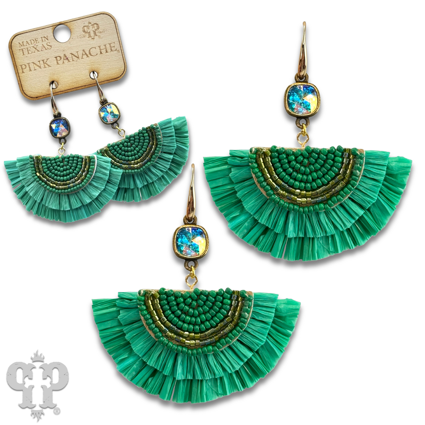 Raffia fan earring with Austrian crystal, last call