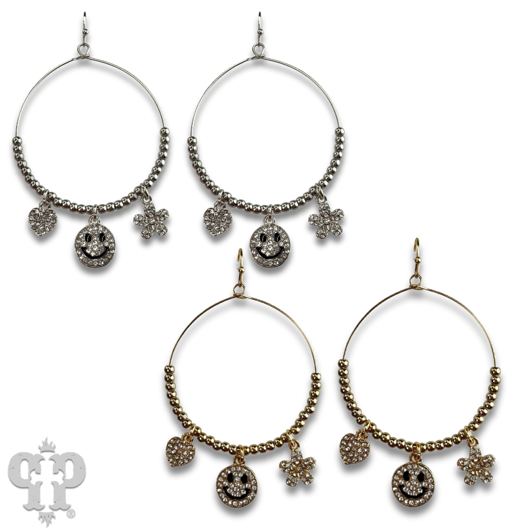 Rhinestone happy face charm circle earring, last call