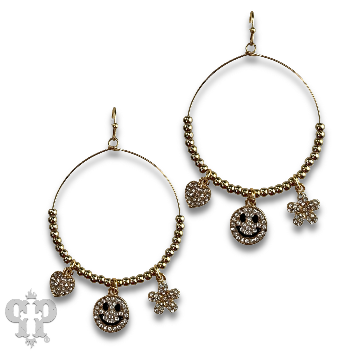 Rhinestone happy face charm circle earring, last call