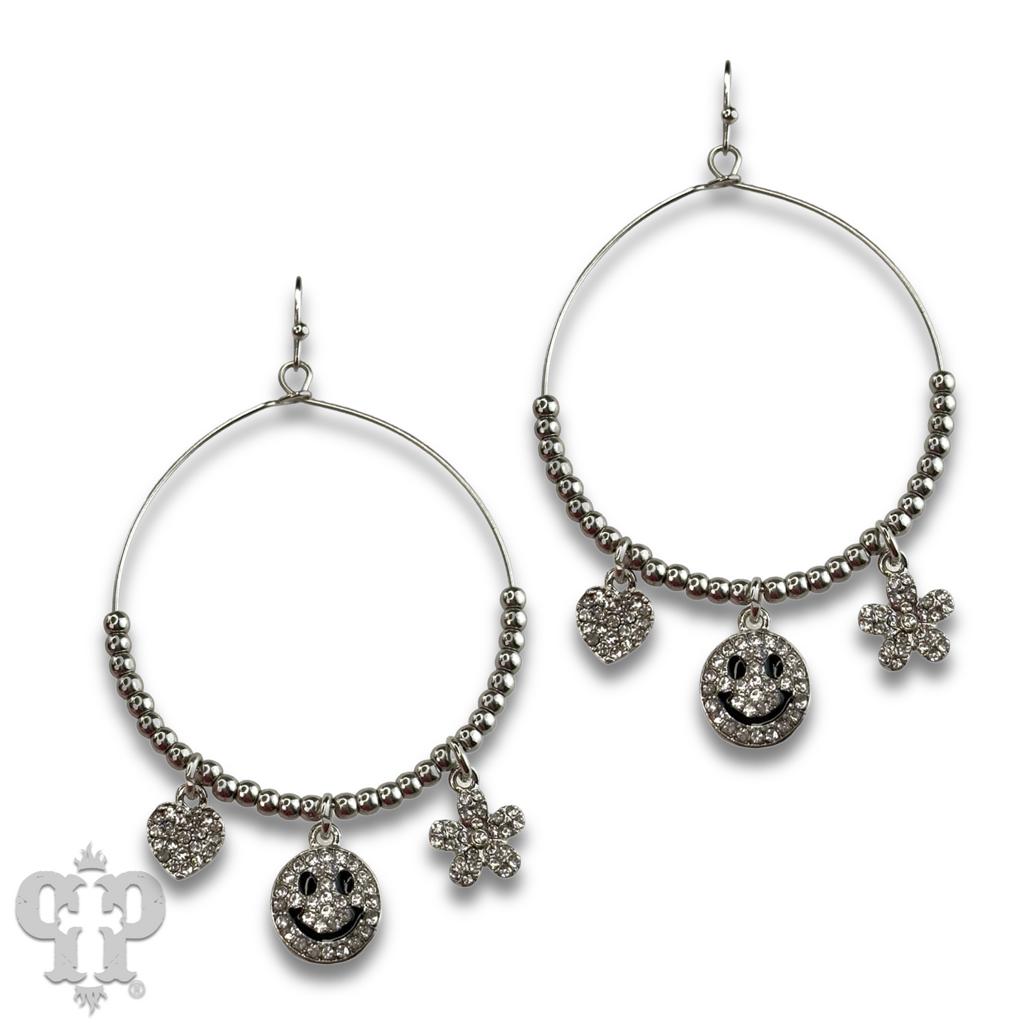 Rhinestone happy face charm circle earring, last call