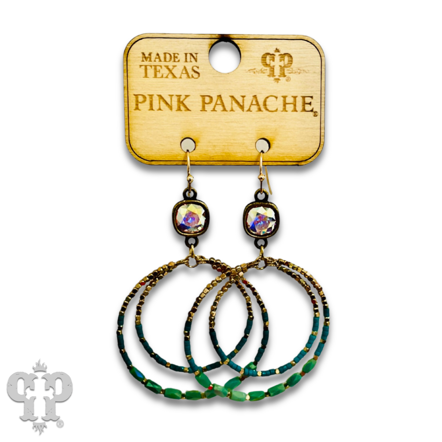 Gold and color-hued bead double circle earring with Austrian crystal